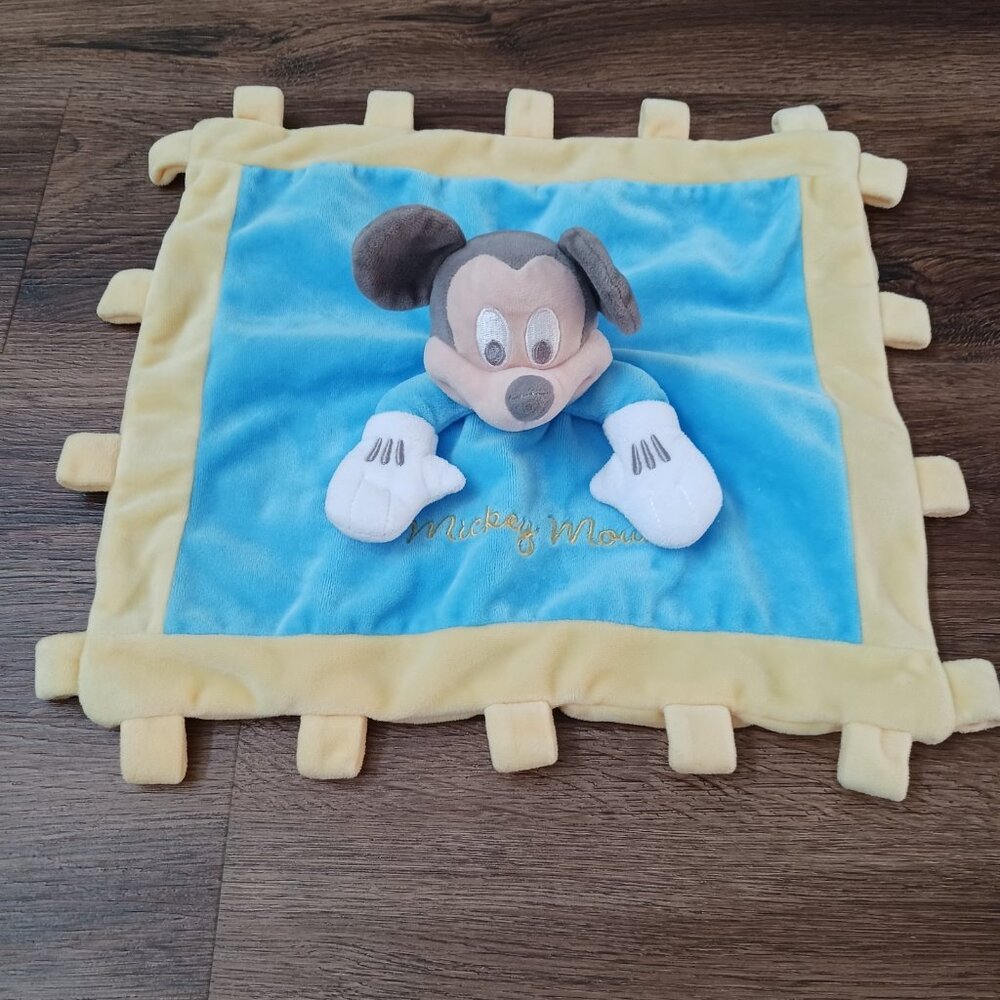 Disney Parks Mickey Mouse Plush Yellow & Blue Baby Blanket Crinkle Tabs Lovey‎